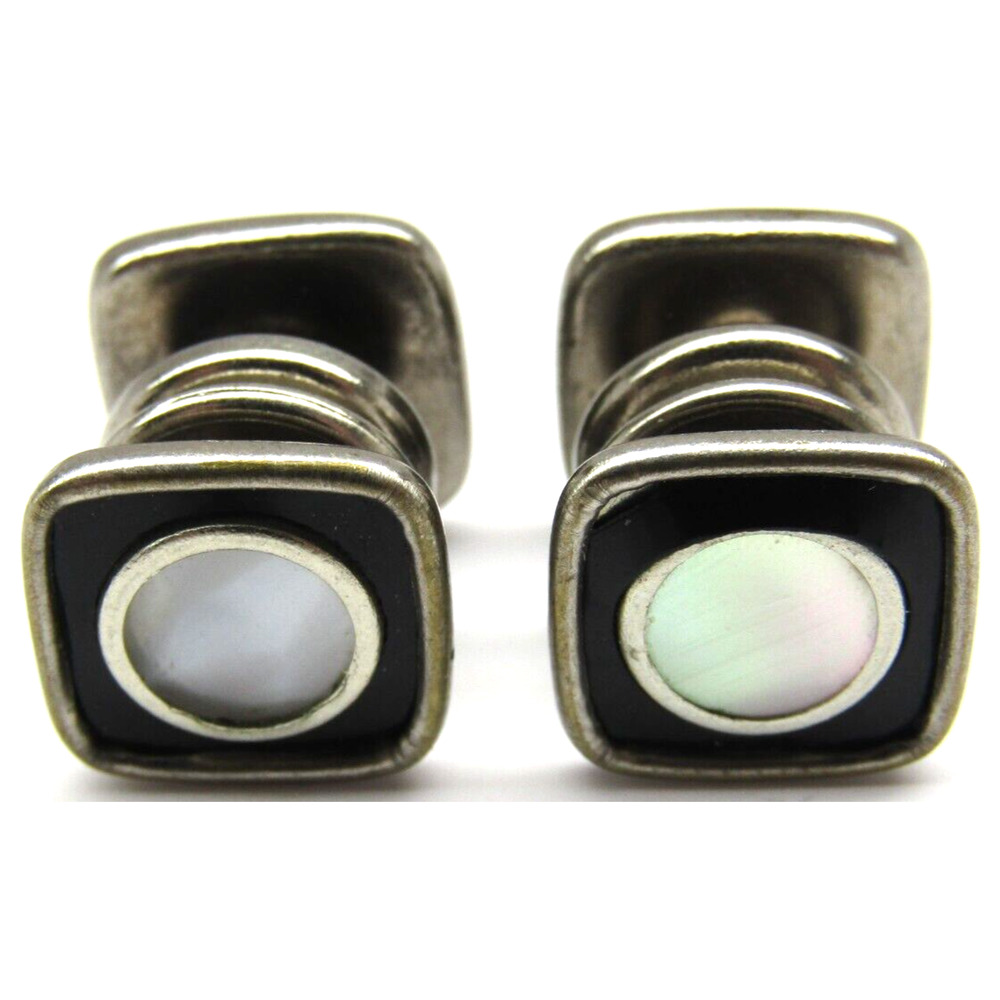 Mens Snap Cufflinks Art Deco Black Celluloid Mother of Pearl Shell Silver